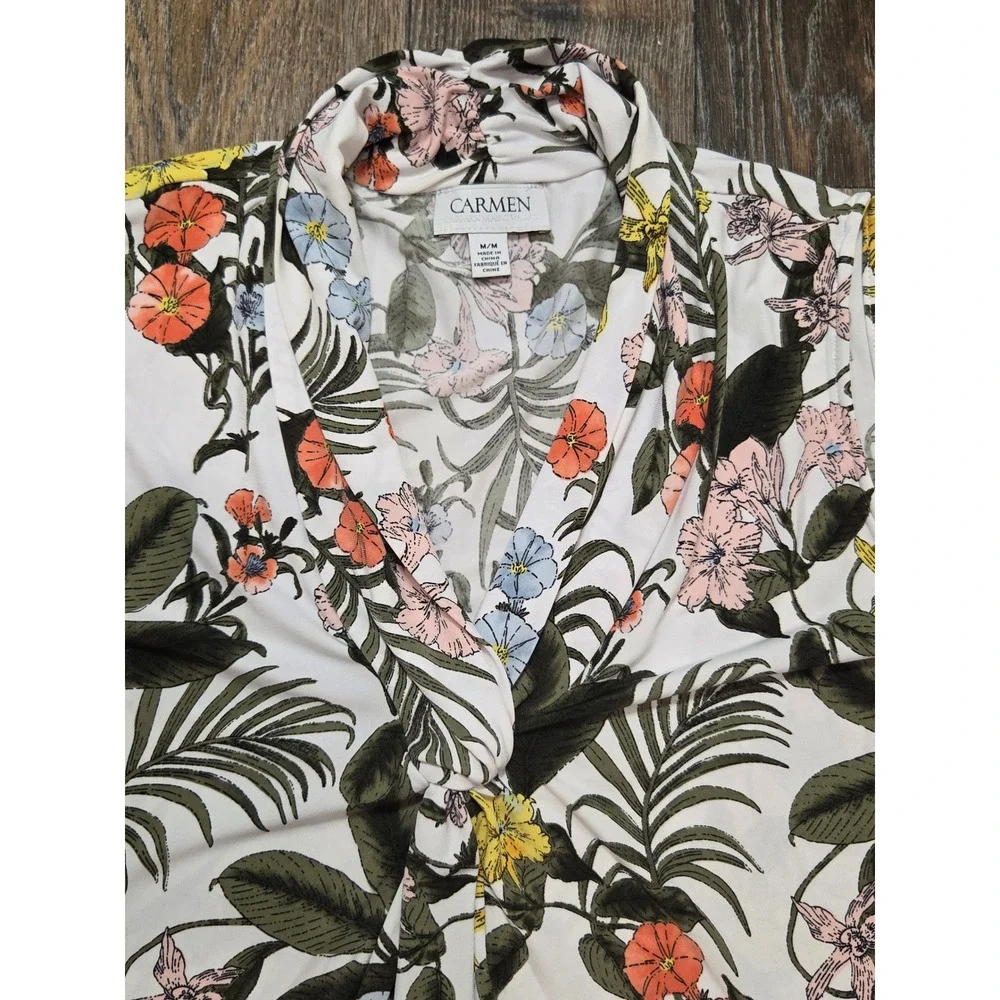 Carmen Marc Valvo Women White Tropical Floral Twist Front V-Neck Sleeveless Top - Picture 2 of 4